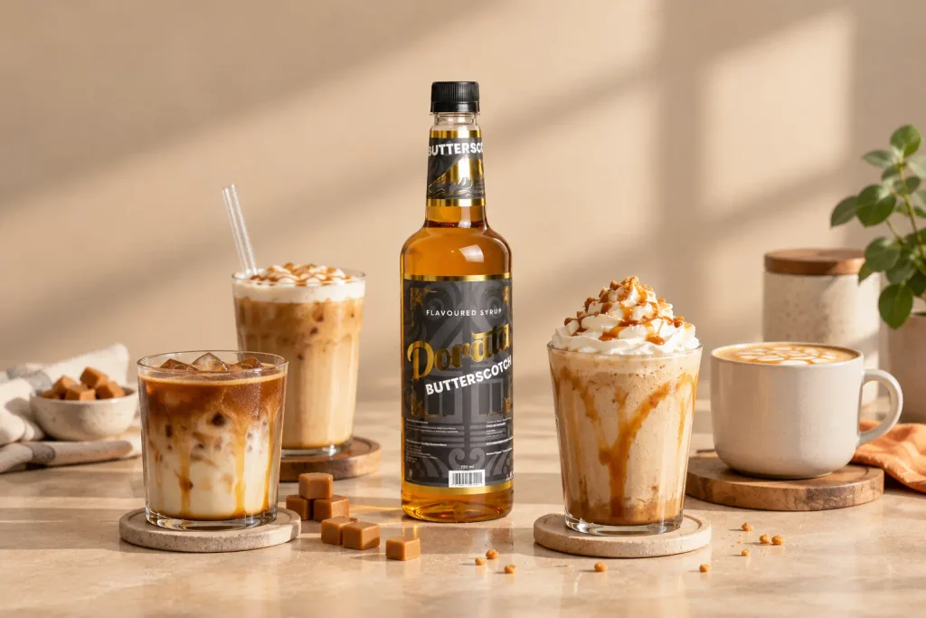 Dorata Butterscotch Syrup 750 ml dengan kreasi minuman kopi dan latte