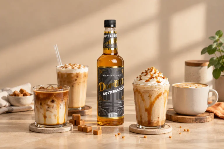 Dorata Butterscotch Syrup 750 ml dengan kreasi minuman kopi dan latte